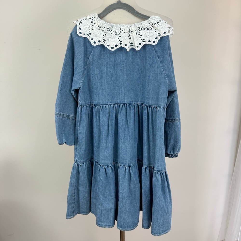 💋Zara Kids Blue Denim Dress with White Lace Collar size 7 - Picture 6 of 7